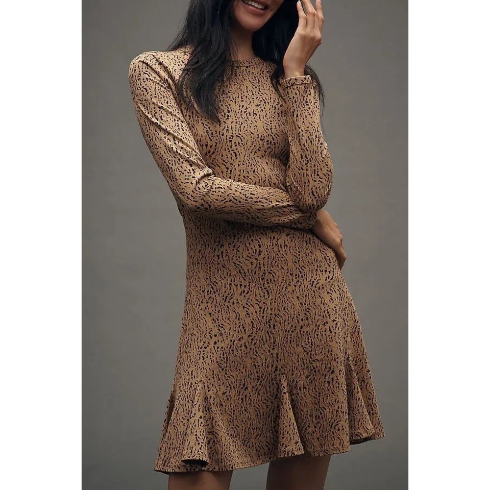 NWT Nation LTD Lyla Abstract Animal Print‎ Ruffle Hem Dress Long Sleeve Small